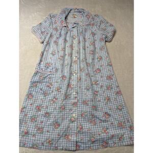 Dan-Ellen Vintage Gingham Floral Housecoat Blue Pink Short Sleeve XL Button Up